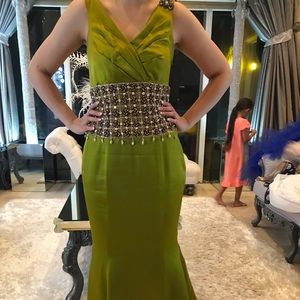 Green beaded evening gown